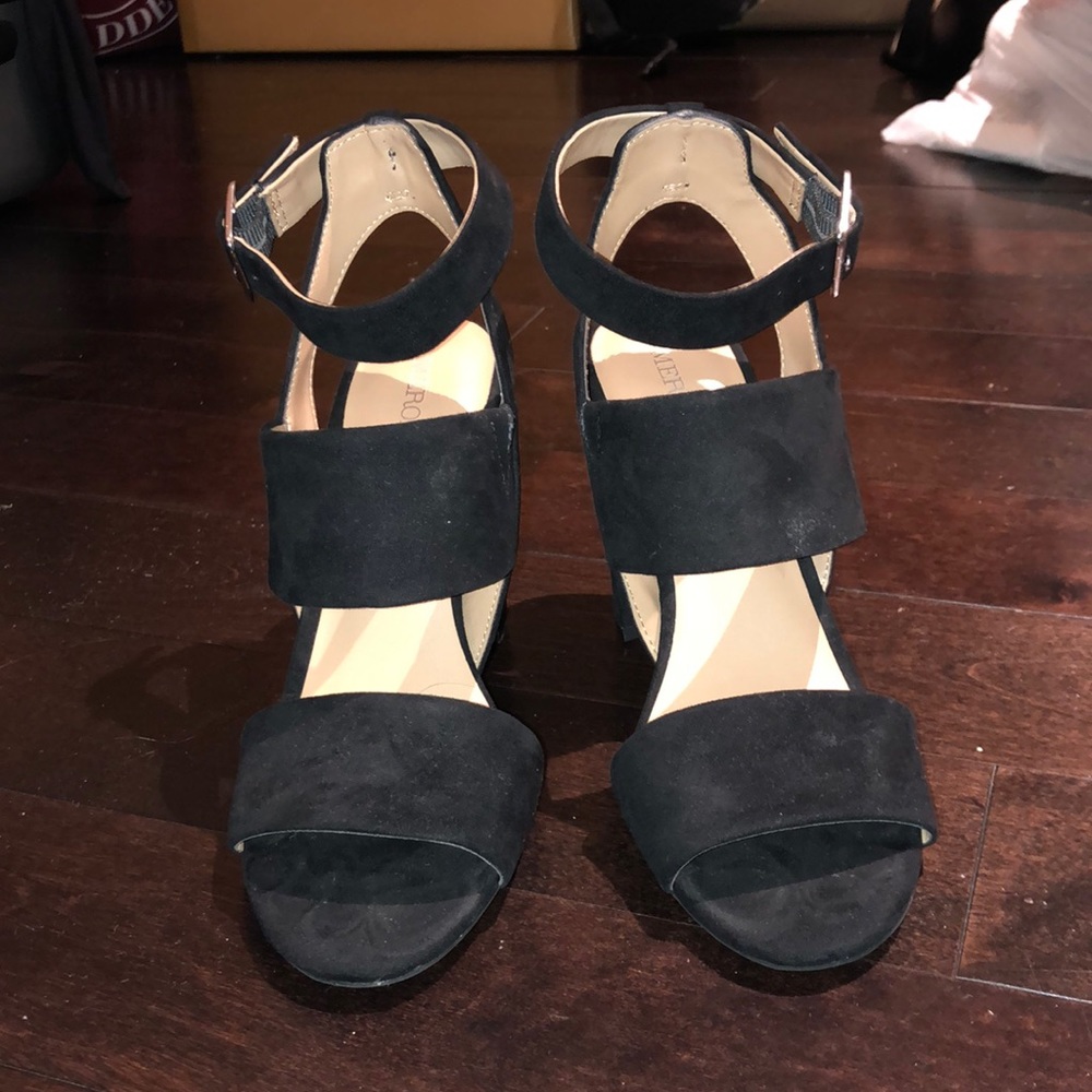 Black suede strappy chunky heels